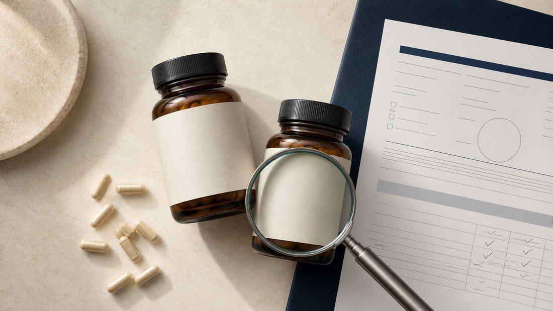 Frascos genéricos, cápsulas, lupa y documento abstracto para comparar suplementos