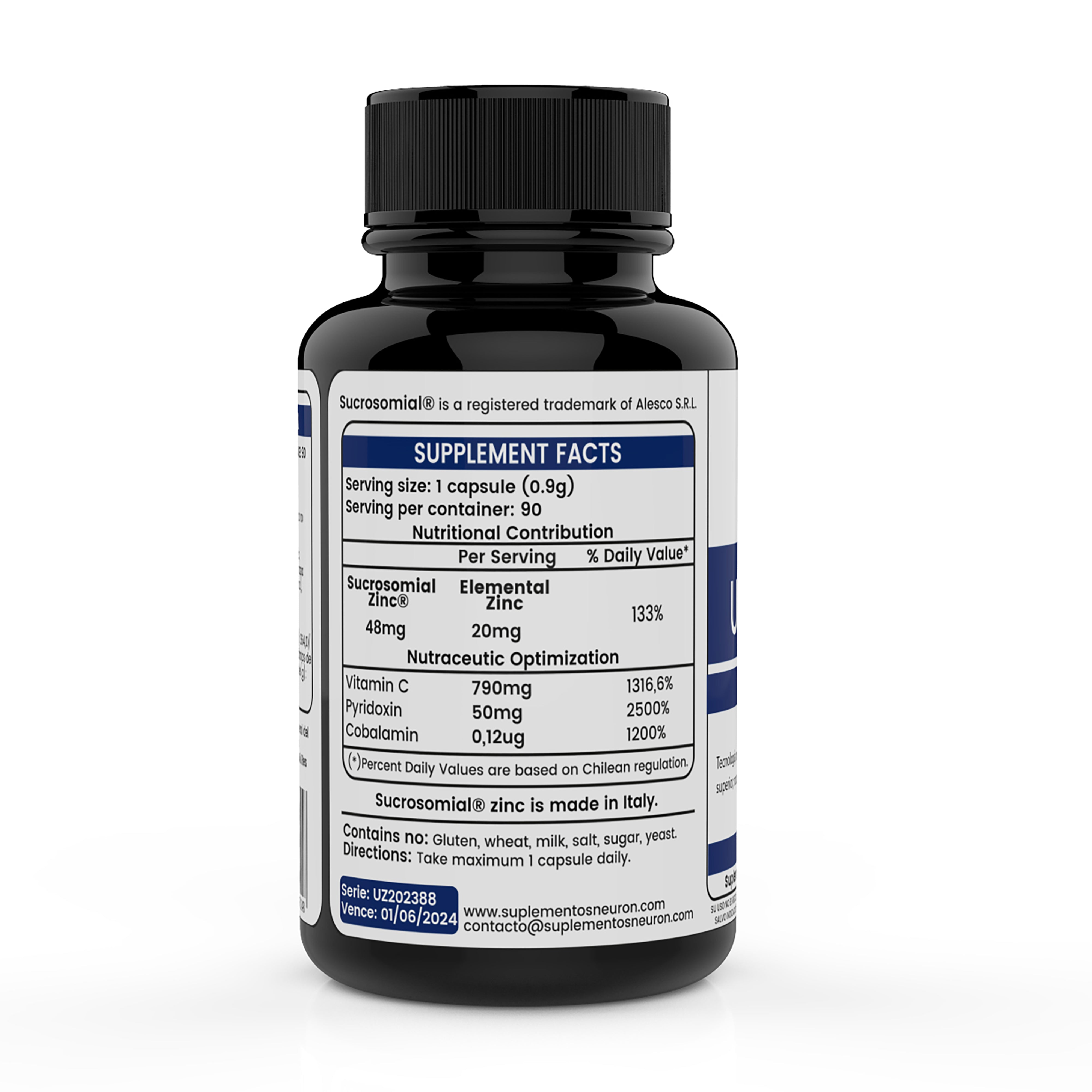 Detalle del frasco UltraZinc 90 cápsulas de zinc sucrosomial